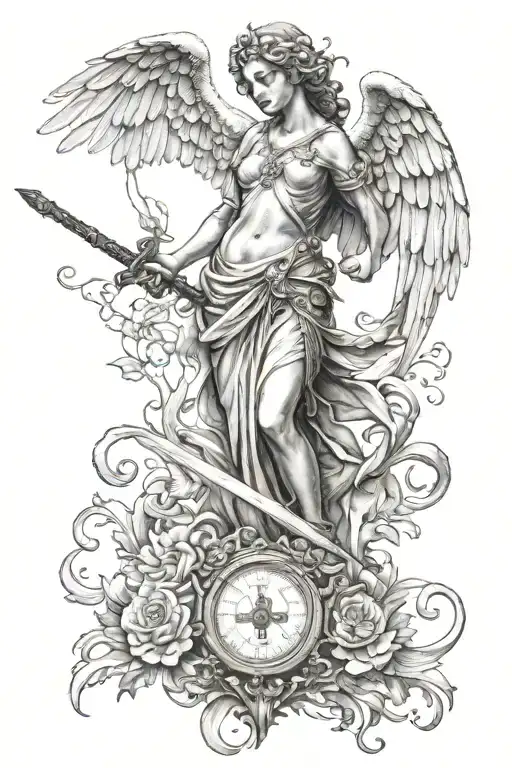 Guardian angel with scales and sword in hand tattoo design idea