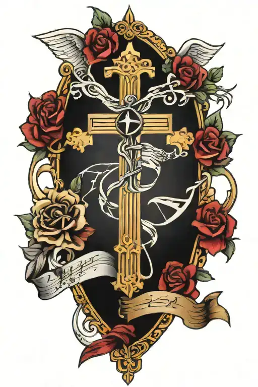 music notes and catholic cross and ark angle  tattoo design idea