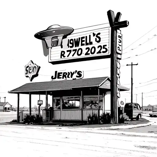 The road to Roswell, with a sign reading "1970-2025," and a roadside restaurant called "Jerry's." Above the road, there' tattoo design idea