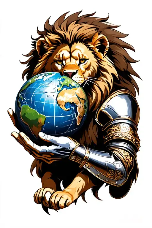 a lion wearing an roman armor holding the world in his hands  tattoo design idea
