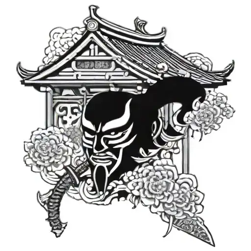 Japanese style tattoo with meme mask, katanas and Japanese temple. Tattoo should be on the whole arm tattoo design idea