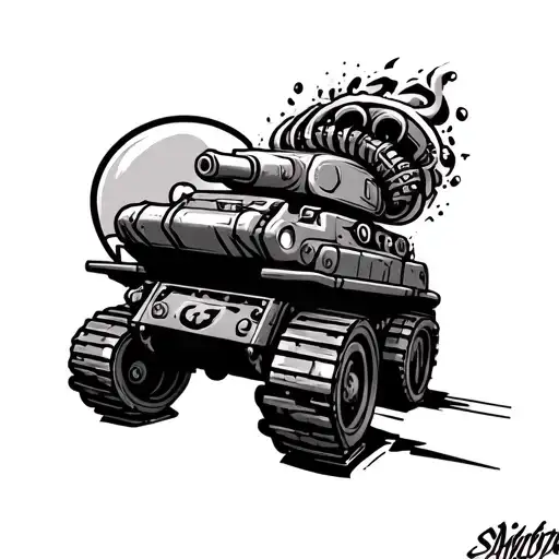 cartoon tank and turbo engine roaring tattoo design idea