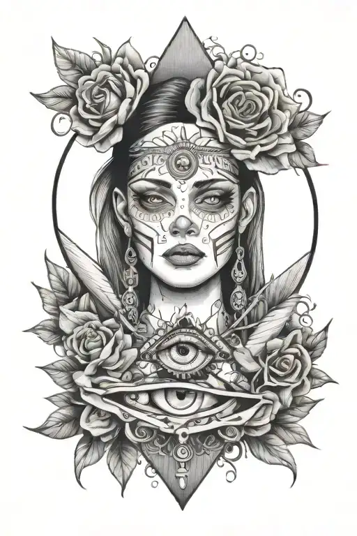 woman's face surrounded with addiction, pain, death, puppet, all seeing eye tattoo design idea