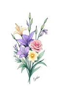 dainty bouquet of gladiolus, sweet pea, rose, daffodil with a little bit of color tattoo design idea