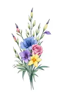 dainty bouquet of gladiolus, sweet pea, rose, daffodil with a little bit of color tattoo design idea