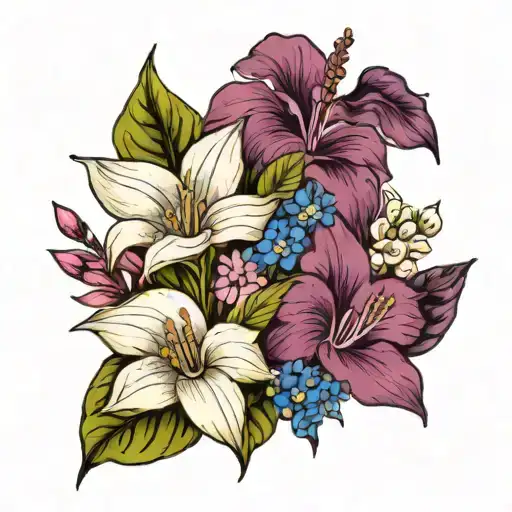 violet, lavender, peace lily, forget me not flowers tattoo design idea