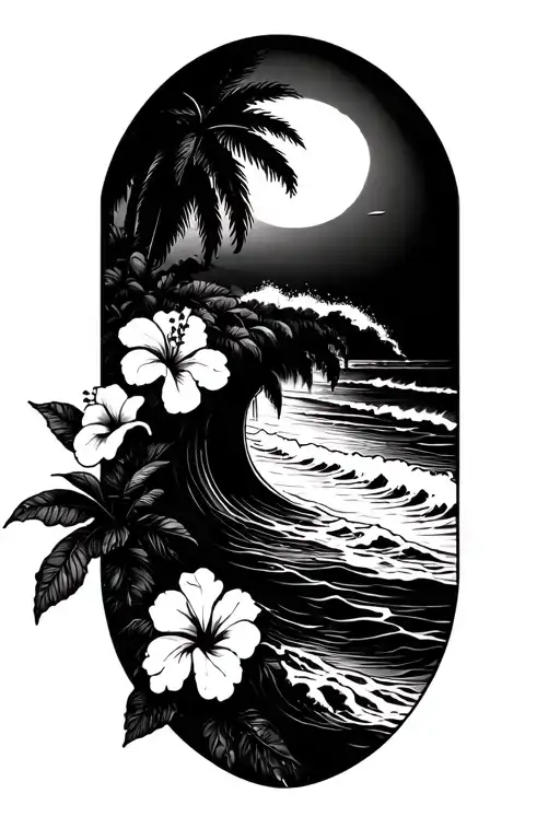 beach with ocean waves crashing with hibiscus vine on the right side and palm tree on the left tattoo design idea