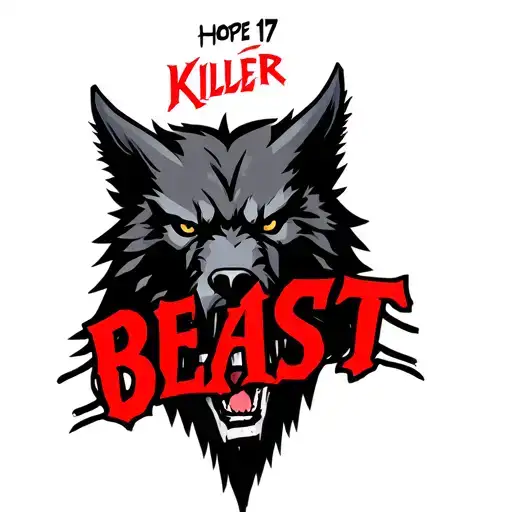 one centered black werewolf head with "Hope 17 Killer" written above in red and the word "BEAST" written below tattoo design idea