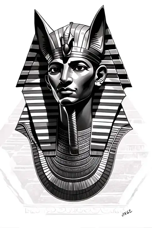 Tutankhamen with Anubis with pyramids in the background  tattoo design idea