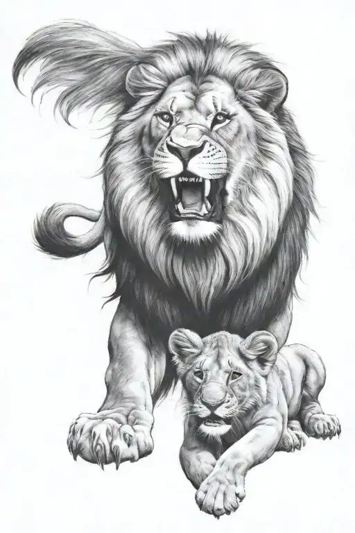 lion and a cub roaring calmly not looking angry tattoo design idea