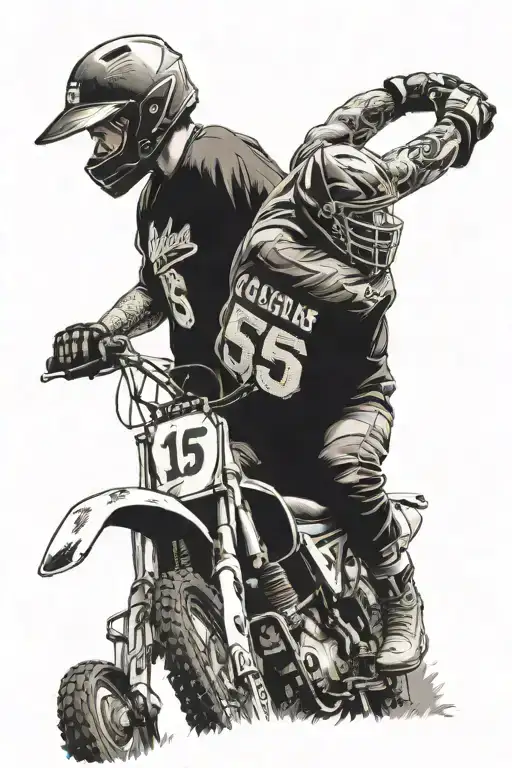 Cousins at the gates of heaven one on a dirtbike and one wearing a #15 baseball jersey.  tattoo design idea
