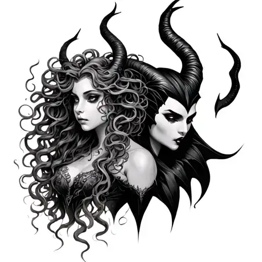 medusa and maleficent protecting tattoo design idea