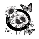 Infinity sign with sunflowers and butterflies and name Neq showing love tattoo design idea