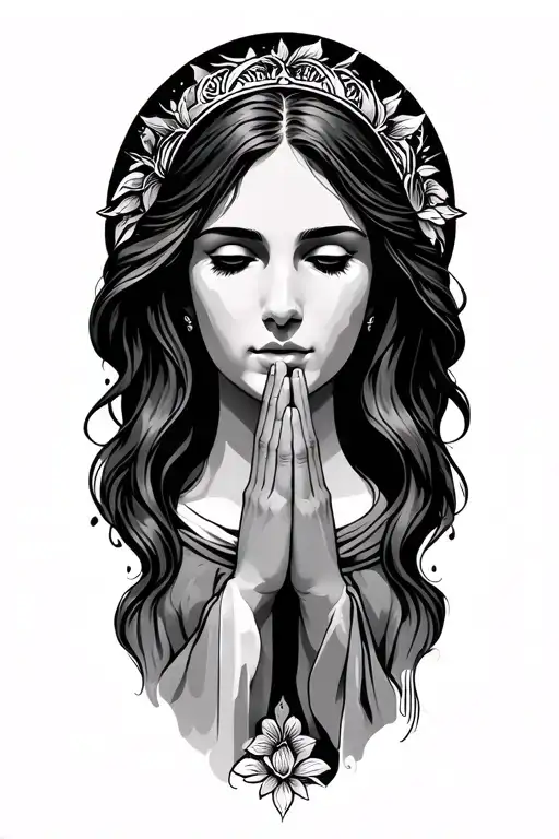 praying bible women face tattoo design idea