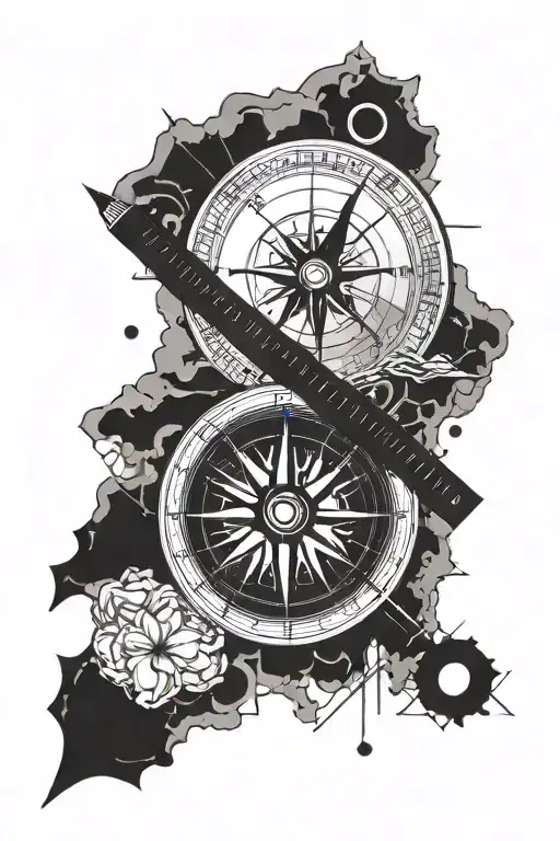 Tattoo of a compass and a square ruler with a Japanese background in blackwork. The square ruler is L-shaped and the com tattoo design idea