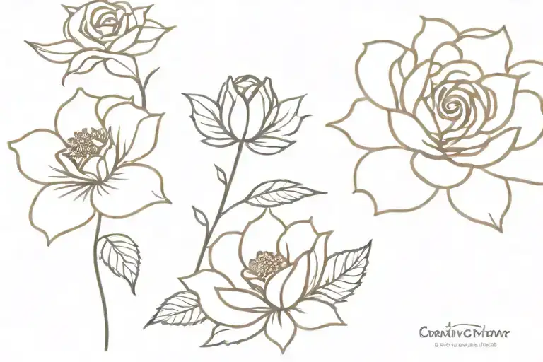 cosmo flower, rose flower, Mary gold flower, honeysuckle flower tattoo design idea