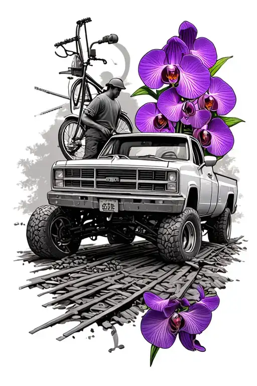 electrical, man fixing pickup truck parked, freight train, bikes, purple orchids, tattoo design idea