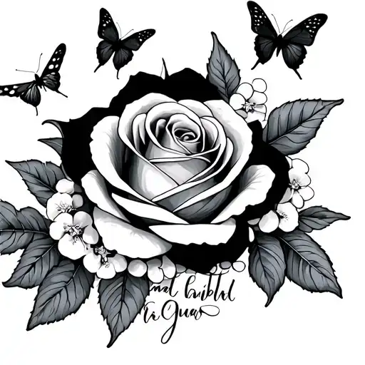 fading rose within cursive writing and butterflies and lei wrapped around tattoo design idea