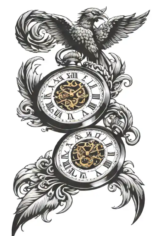 Broken pocket watch with Phoenix rising tattoo design idea
