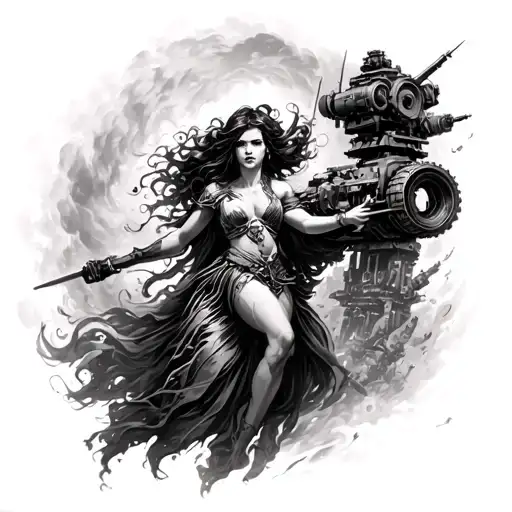 an epic battle scene from a war between a beautiful lady portrayed as mother nature fighting  man kinds modern machinery tattoo design idea