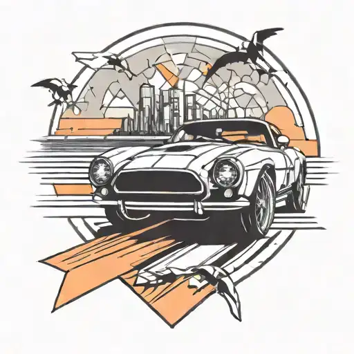 A tattoo design of a sleek sports car driving into a vibrant sunset over a beach tattoo design idea