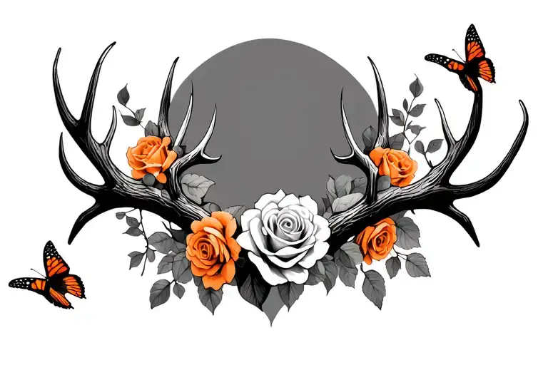 a set of antlers one with 3 points and the other with 4, connected with a vine of orange and white roses and a butterfly tattoo design idea