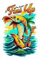 jimmy buffett tripical theme that says "fins up" tattoo design idea