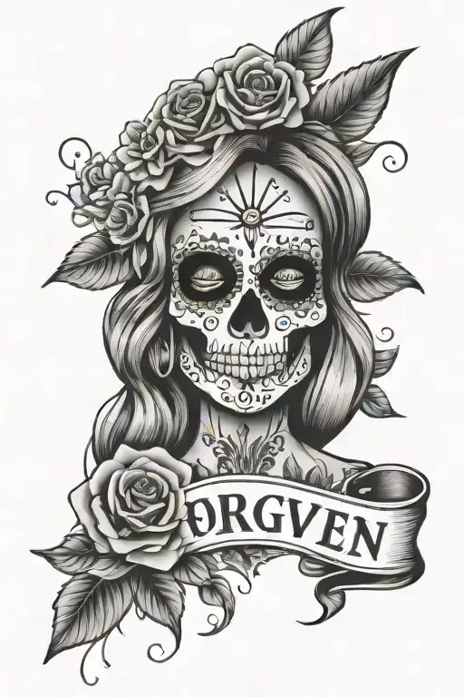 dia del los muertos and catrinas with flowers and the word forgiven  tattoo design idea