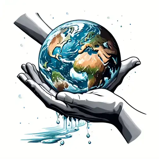 two hands together holding water over the earth beneath the hands tattoo design idea