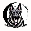 Gray German Shepherd showing teeth aggressively, with a moon below the dog tattoo design idea