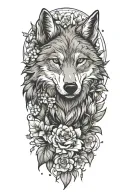 wolf face looking to side slightly, surrounded by blooming flowers and leaves  tattoo design idea