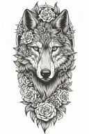 wolf face looking to side slightly, surrounded by blooming flowers and leaves  tattoo design idea
