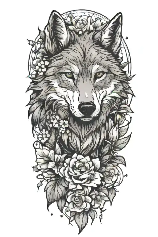 wolf face looking to side slightly, surrounded by blooming flowers and leaves  tattoo design idea
