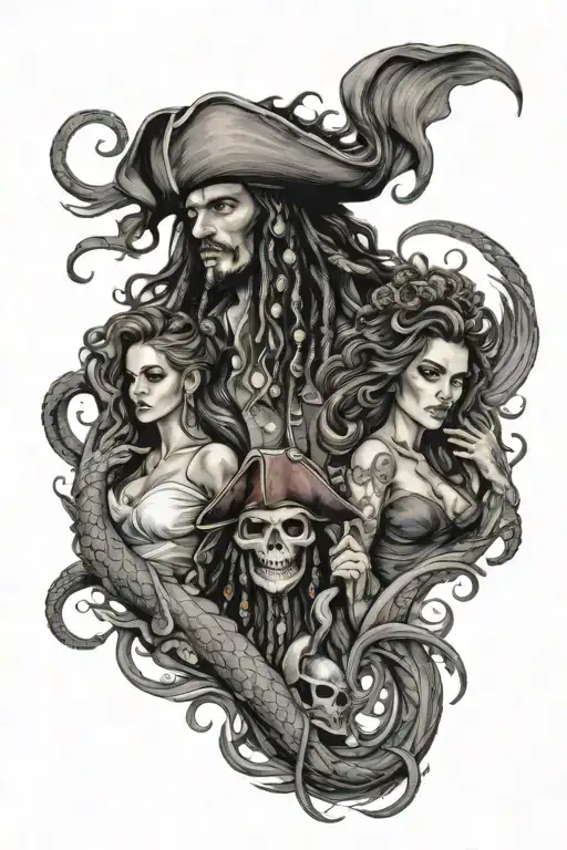 Pirates of the Caribbean, mermaids, kraken tattoo design idea