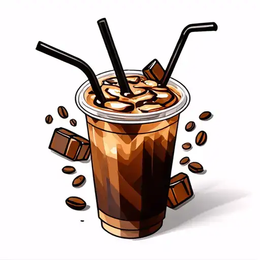 RealisGeometric Iced coffee tattoo in a disposable cup flat lid with straw and Ice cubes with coffee bean around Colored tattoo design idea