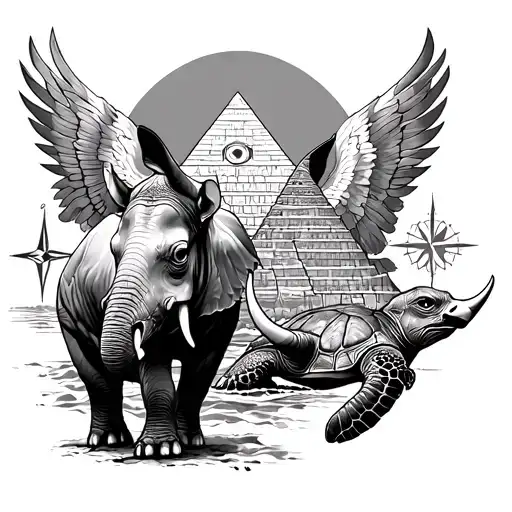 half sleeve of rhino, elephant, great pyramid, compass, sea turtle and eagle head tattoo design idea