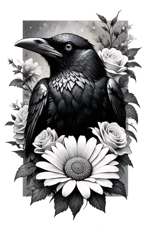 raven with daisy, roses, and chrysanthemum flower tattoo design idea