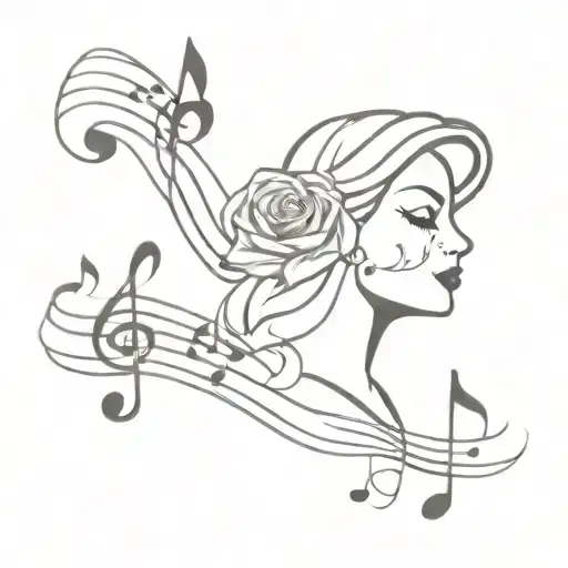  The Phantom of the Opera House with musical notes floating and ine rose tattoo design idea