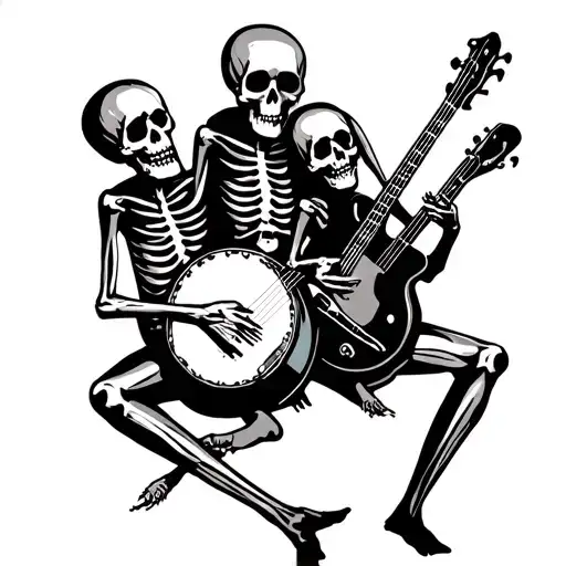 3 skeletons playing banjo sitar and bass guitar sitting in a circle in grateful dead style tattoo design idea
