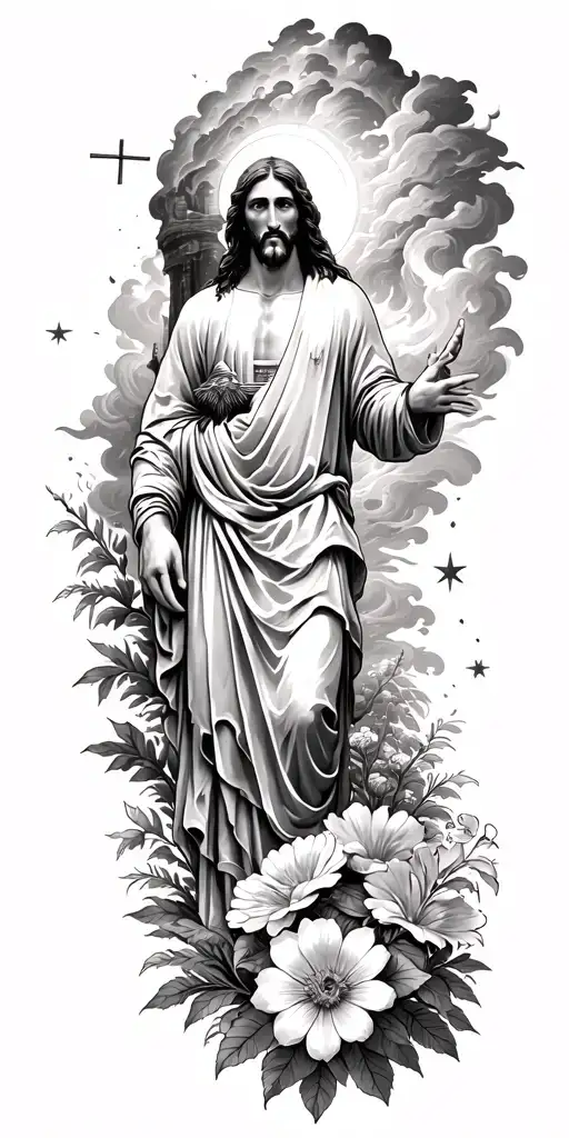 Jesus Christ's resurrection, different types of flowers, Trees, clouds of fire, nature, stars, mountains, strength tattoo design idea