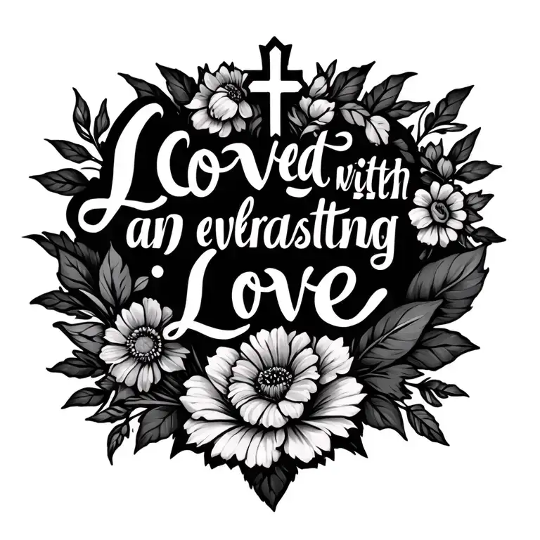 "Loved with an everlasting love" Cross and flower tattoo design idea