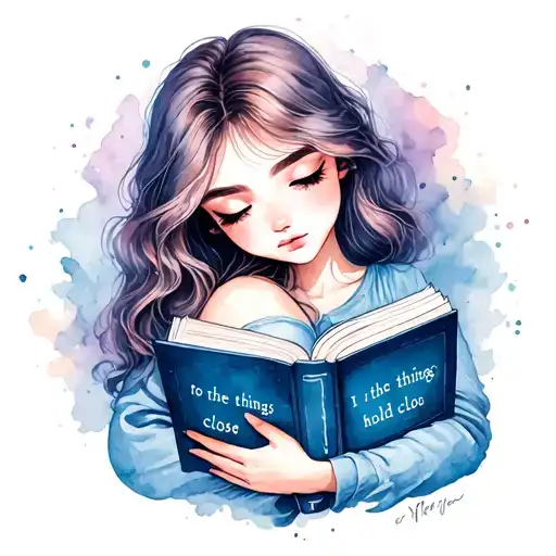 "to the things i hold close" girl hugging a closed book tattoo design idea