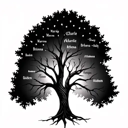 Upper arm family tree with Margie and Charlie at the top little branches coming off with Brianna, Athena, Aiden names tattoo design idea