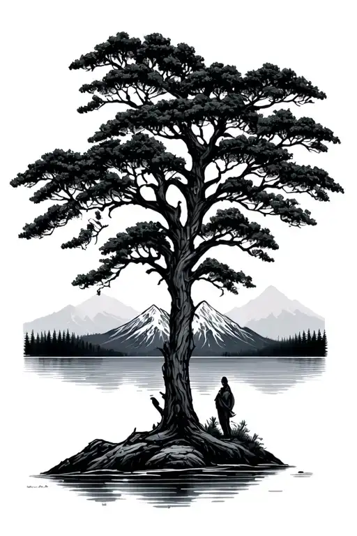 giving tree in front of lake mountain range tattoo design idea