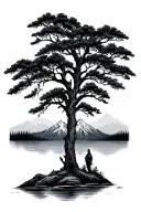 giving tree in front of lake mountain range tattoo design idea