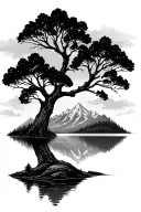 giving tree in front of lake mountain range tattoo design idea