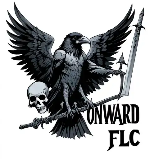 "ONWARD FLC" raven with spread wings, a sword, and skull tattoo design idea