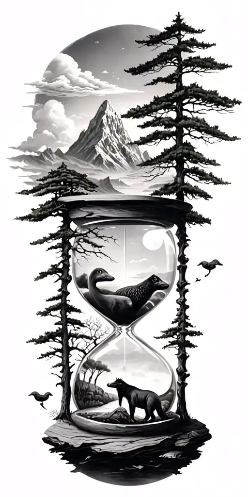 mountains, clouds, animals, hourglass , tree tattoo design idea