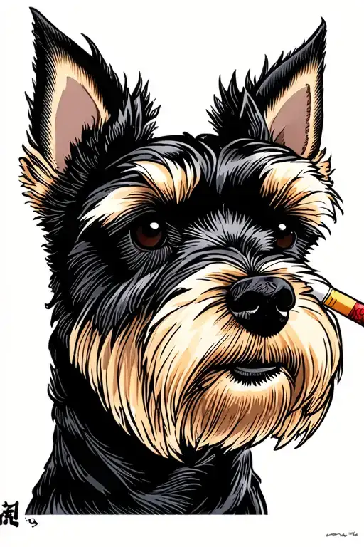 a comic panel of a miniature schnauzer head with a cigarette in his mouth tattoo design idea