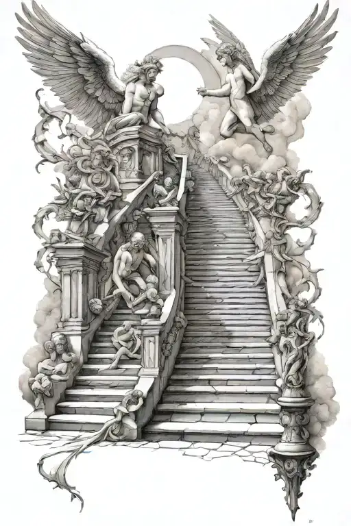 stairway to heaven with angels vs demons tattoo design idea